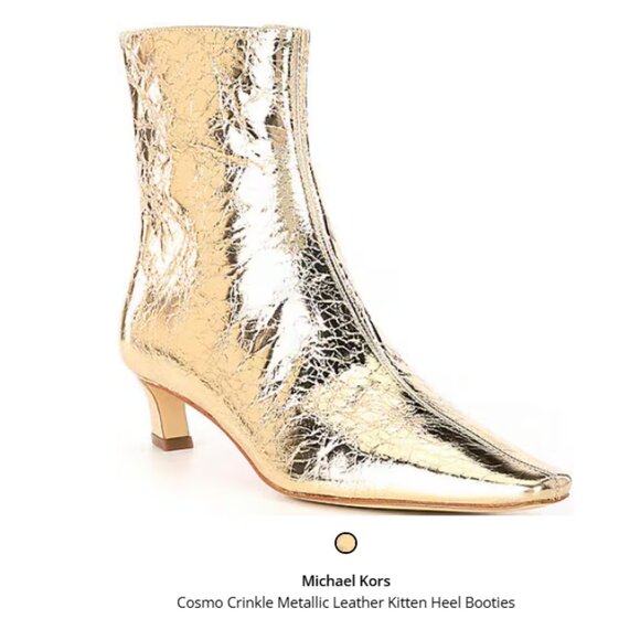 Michael Kors Cosmo Metallic Crinkle Gold Leather Booties Boot Kitten Heel - Picture 1 of 8